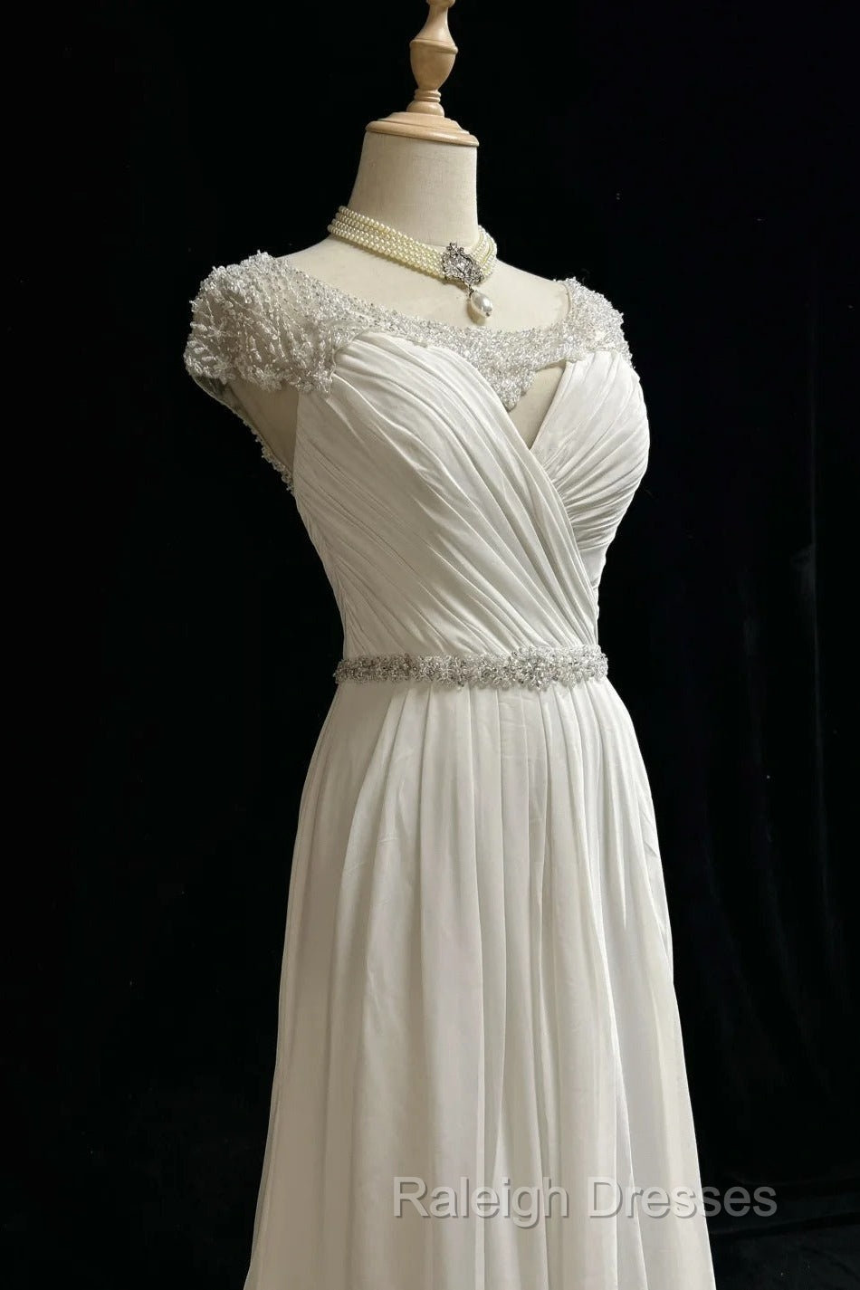 White Elegant A-Line Chiffon V-Neck Long Prom Dress With Beading Simple Wedding Dress