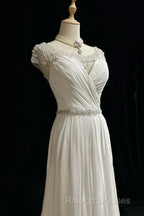 White Elegant A-Line Chiffon V-Neck Prom Dresses Long With Beading Simple Wedding Dresses