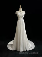 White Elegant A-Line Chiffon V-Neck Long Prom Dress With Beading Simple Wedding Dress