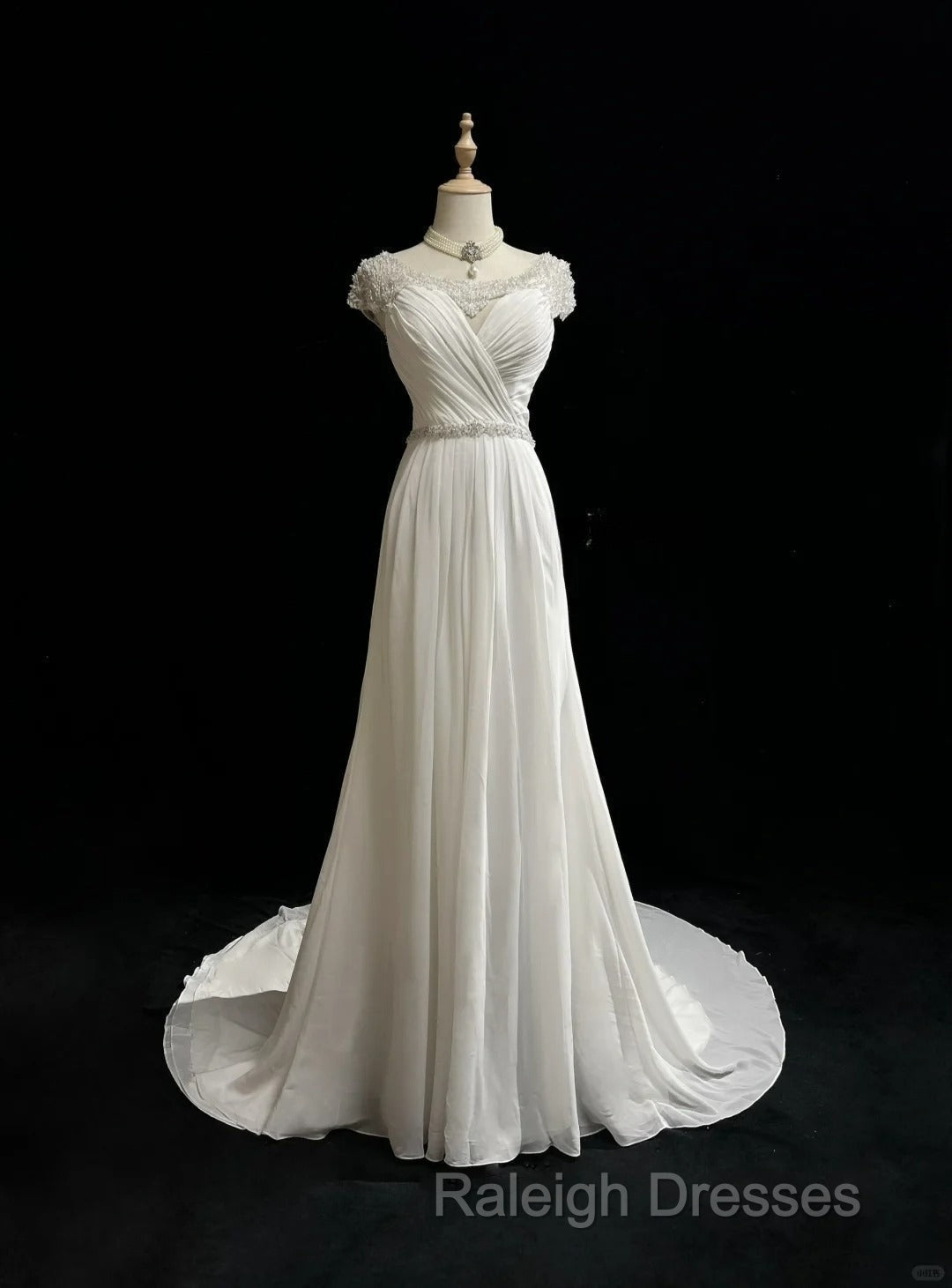 White Elegant A-Line Chiffon V-Neck Long Prom Dress With Beading Simple Wedding Dress