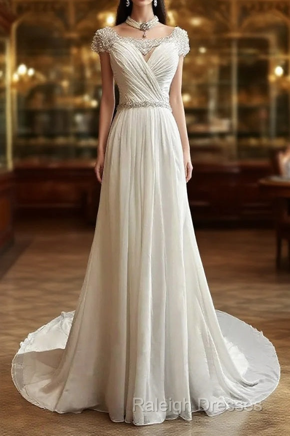 White Elegant A-Line Chiffon V-Neck Long Prom Dress With Beading Simple Wedding Dress Main image