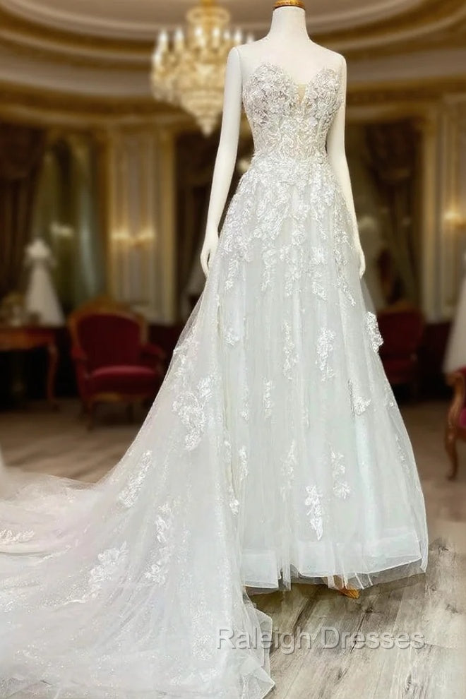 White Floral Applique Sweetheart Long Wedding Dress With Sweeping Train Beautiful Main image