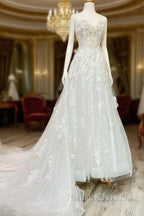 White Floral Applique Sweetheart Long Wedding Dress With Sweeping Train Beautiful