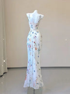 White Floral Elegant Sweet Sophisticated Long Chiffon Ball Gown Evening Dress Party Dress