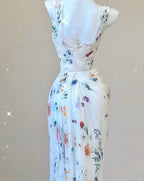 White Floral Elegant Sweet Sophisticated Long Chiffon Ball Gown Evening Dress Party Dress