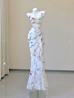 White Floral Elegant Sweet Sophisticated Long Chiffon Ball Gown Evening Dress Party Dress