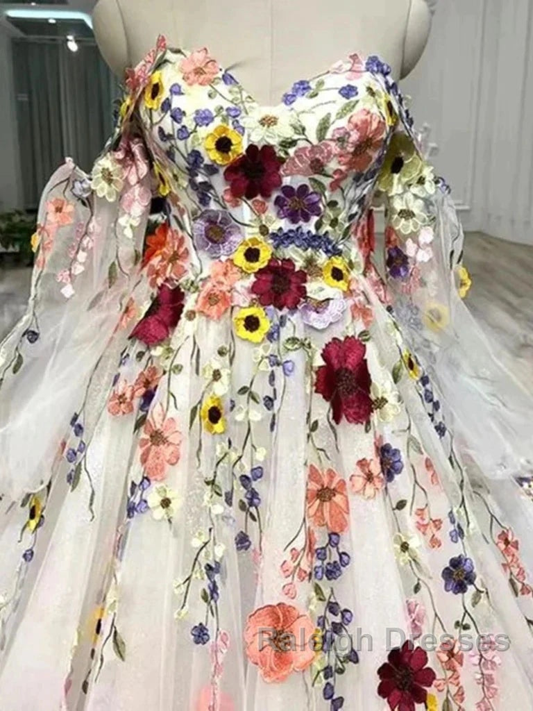White Floral Sweetheart Long Sleeves Ball Gown Prom Dress