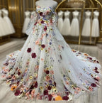 White Floral Sweetheart Long Sleeves Ball Gown Prom Dress