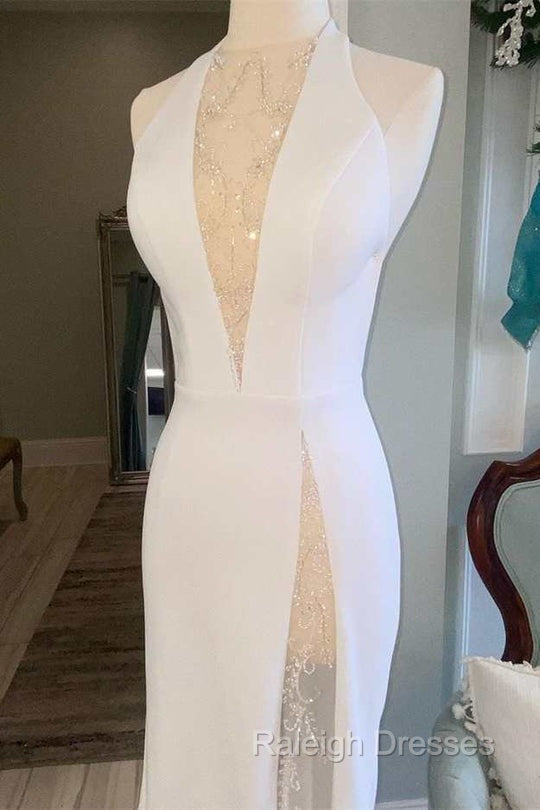 White Halter Open Back Mermaid Long Wedding Dress V-Neck Secondary image