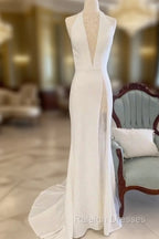 White Halter Open Back Mermaid Long Wedding Dress V-Neck