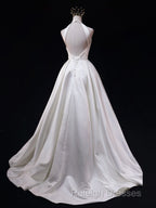White Halter Simple Satin Backless Long Weddign Party Dress, White Long Formal Dress