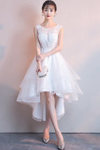 White High Low Graduation Dress , Tulle And Lace Party Dresses