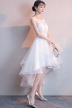 White High Low Graduation Dress , Tulle And Lace Party Dresses