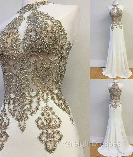 White High Neck Lace Applique Long Prom Dress, Evening Dress