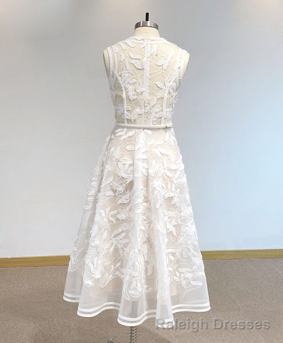 White High Neck Tulle Lace Prom Dress, Lace Formal Party Dress