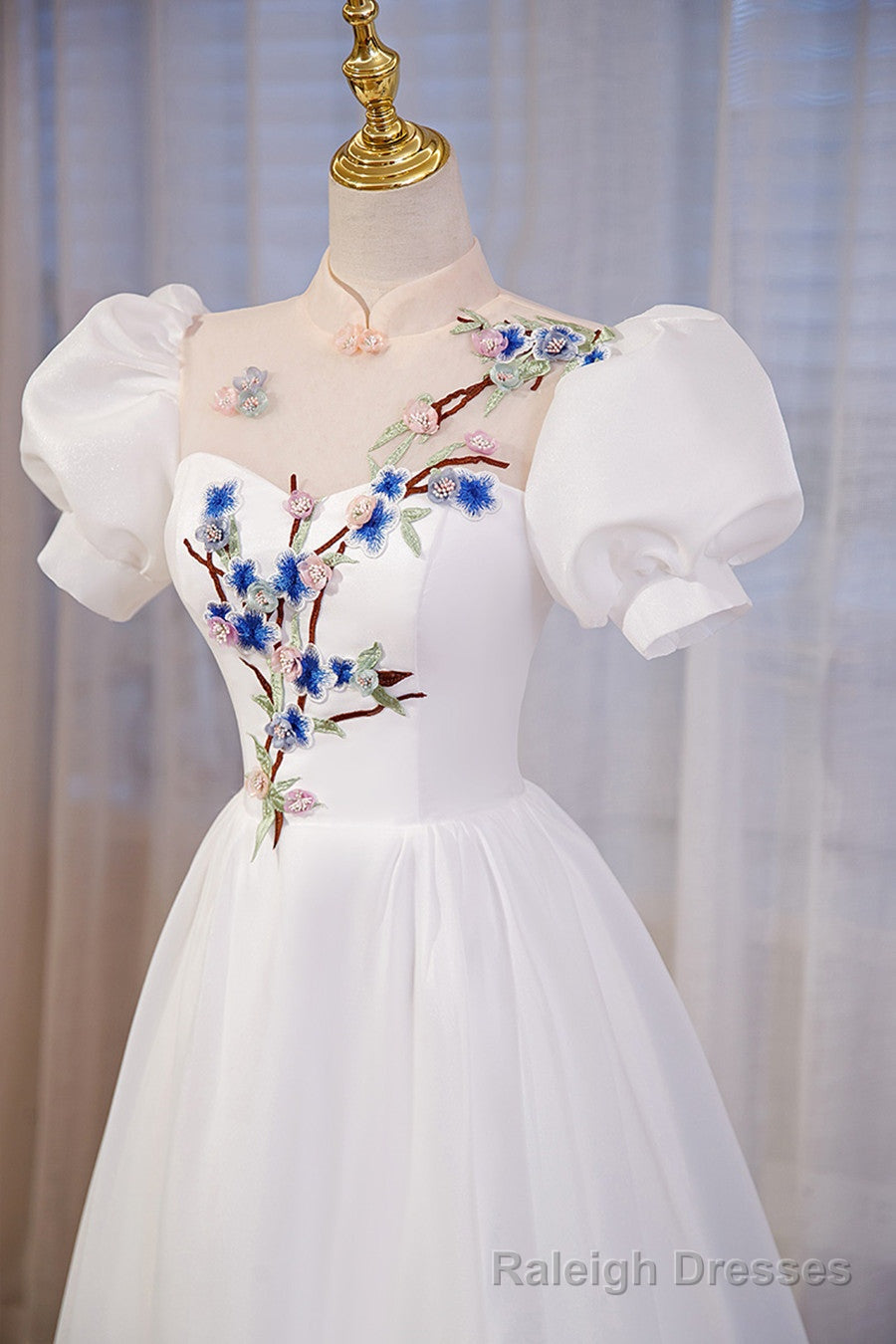 White High Neckline A Line Short Sleeves Prom Dress, White Long Formal Dress