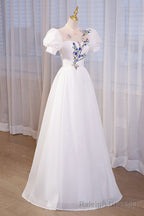 White High Neckline A Line Short Sleeves Prom Dress, White Long Formal Dress