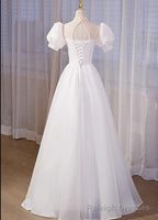 White High Neckline A Line Short Sleeves Prom Dress, White Long Formal Dress