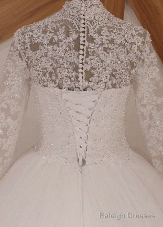 White/Ivory Long Sleeve Lace Muslim Wedding Dress Uk High Neck Bridal Gown