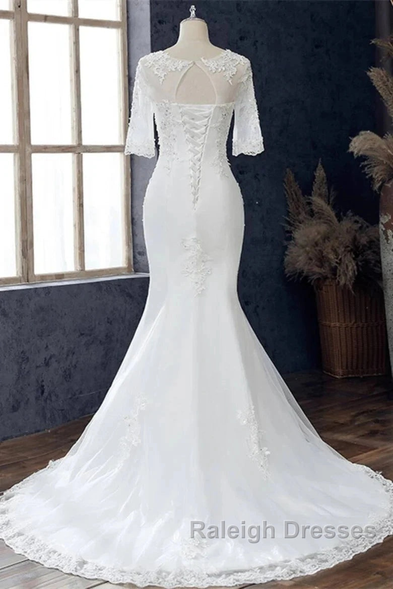 White Jewel Half Sleeve Mermaid Wedding Dress Secondary image