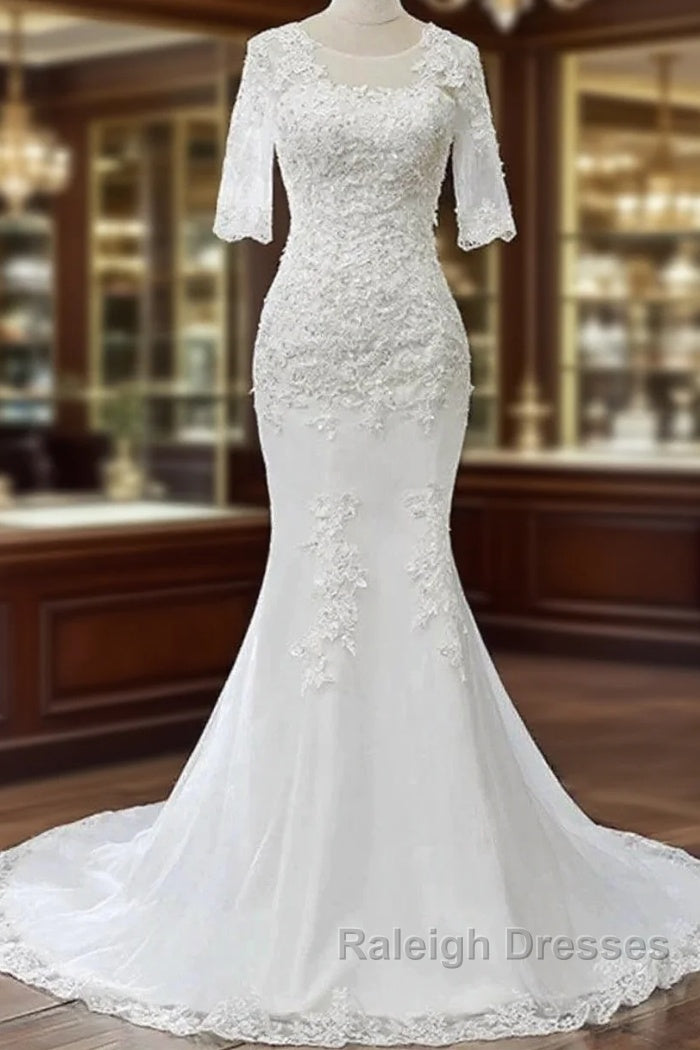 White Jewel Half Sleeve Mermaid Wedding Dress