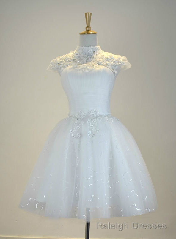 White Knee Length Cap Sleeve Tulle Short Wedding Dress Main image