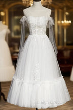 White Lace A-Line Tea Length Prom Dress