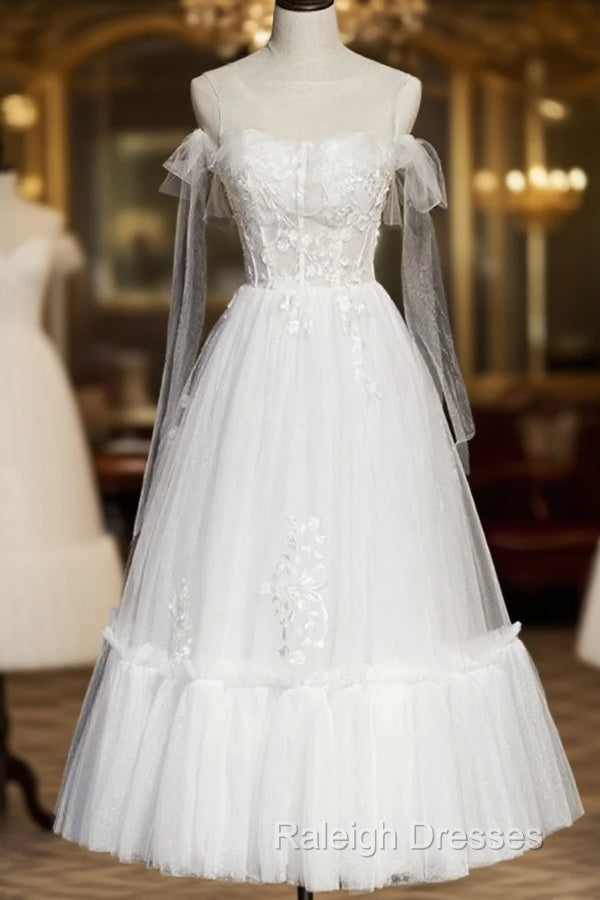 White Lace A-Line Tea Length Prom Dress