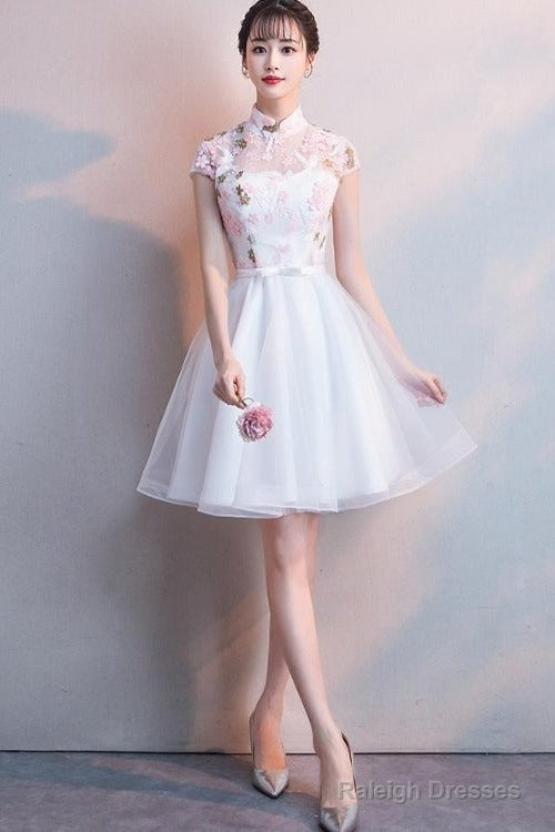 White Lace And Tulle High Neckline Short Graduation Dress Lovely White Short Prom Dress Main image