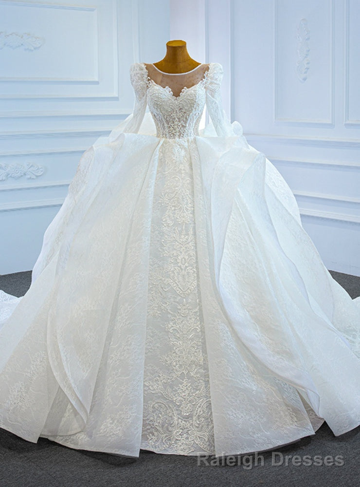 White Lace Ball Gown Long Sleeve Beading Wedding Dress