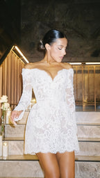 White Lace Bridal Dresses, Long Sleeves Mini Wedding Gown,