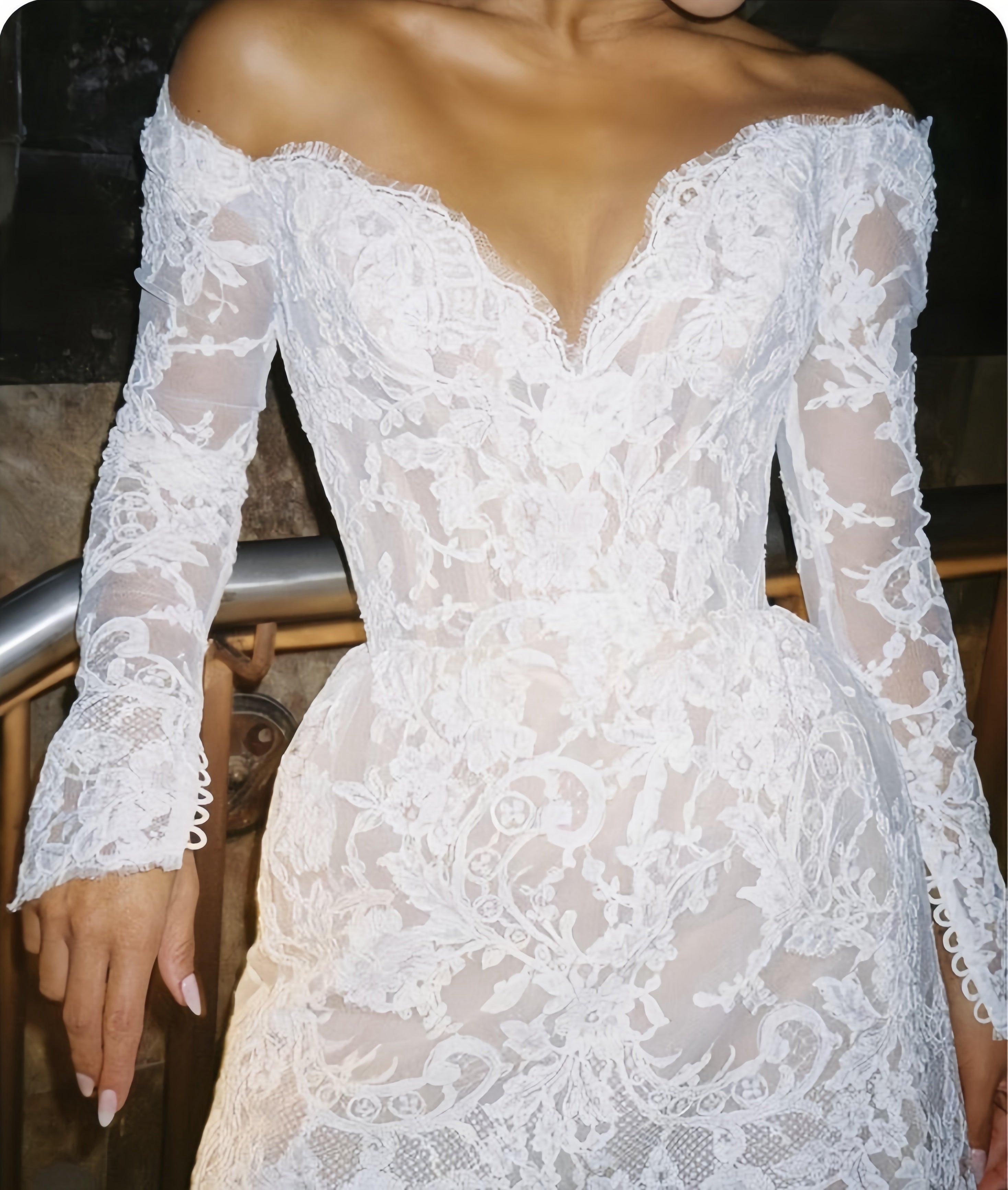 White Lace Bridal Dresses, Long Sleeves Mini Wedding Gown,