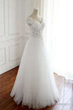 White Lace Cap Sleeves Tulle Floor Length Prom Dress, A Line White Wedding Dresses
