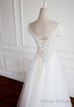 White Lace Cap Sleeves Tulle Floor Length Prom Dress, A Line White Wedding Dresses