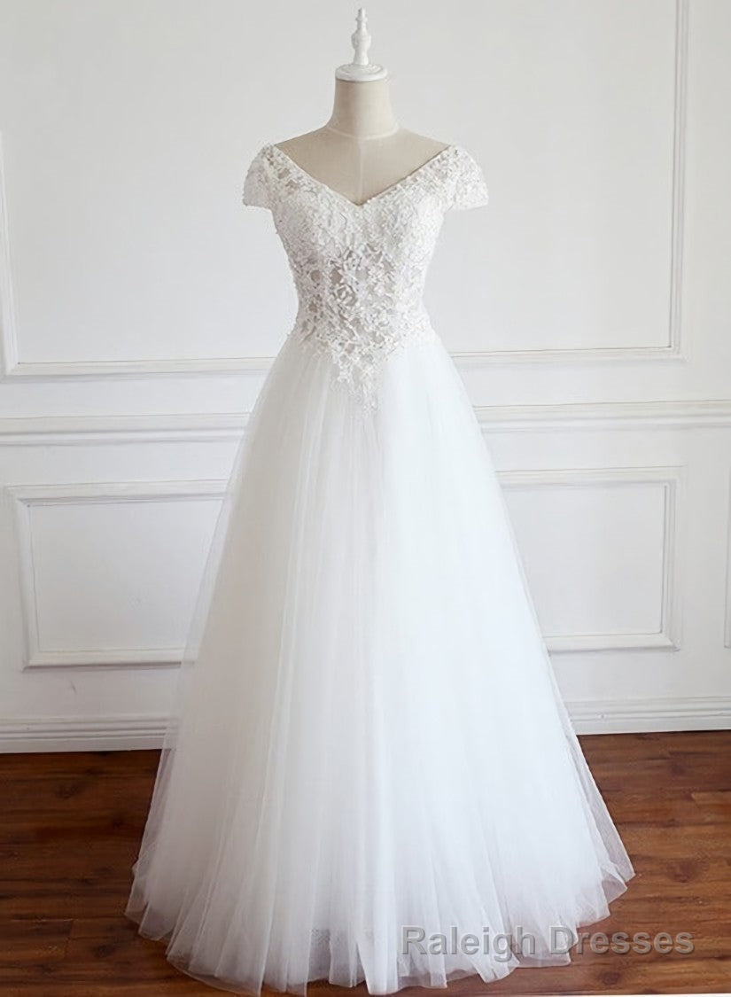 White Lace Cap Sleeves Tulle Floor Length Prom Dress, A Line White Wedding Dresses