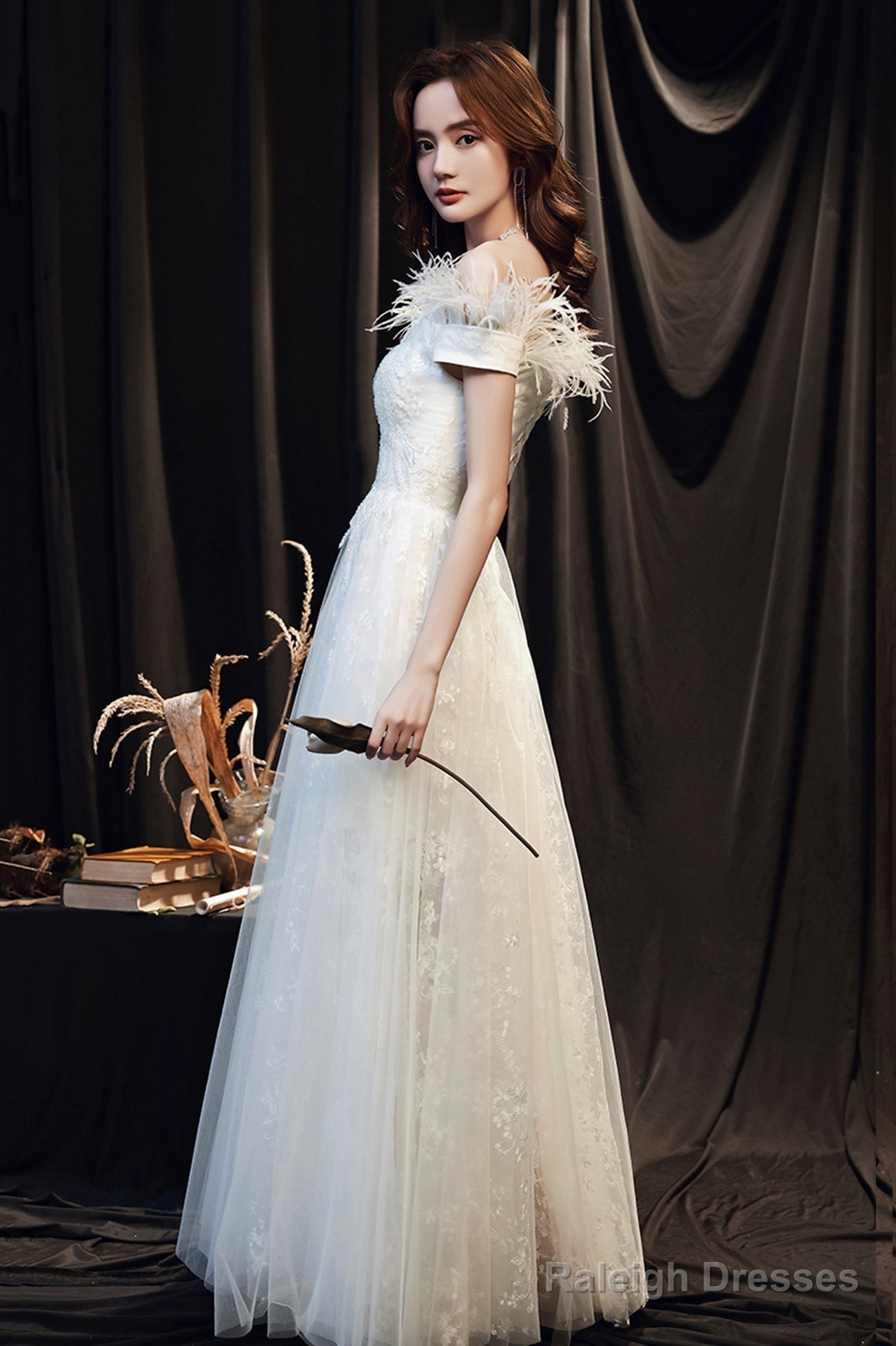 White Lace Long A-Line Prom Dresses With Feather Off The Shoulder Prom Dresses