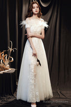 White Lace Long A-Line Prom Dress With Feather, Off The Shoulder Evening Dress