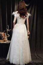 White Lace Long A-Line Prom Dress With Feather, Off The Shoulder Evening Dress