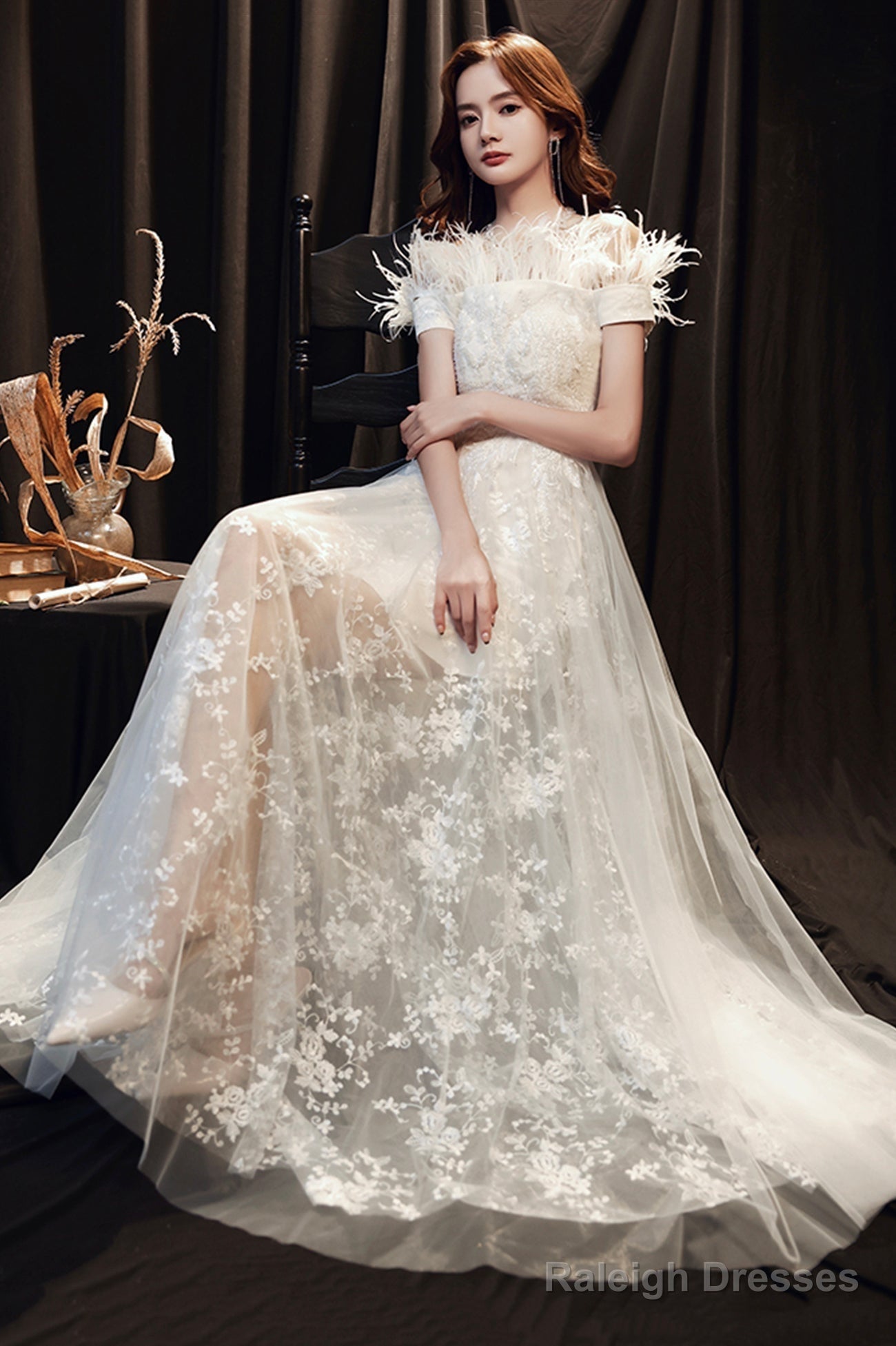 White Lace Long A-Line Prom Dress With Feather, Off The Shoulder Evening Dress