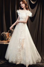 White Lace Long A-Line Prom Dresses With Feather Off The Shoulder Prom Dresses