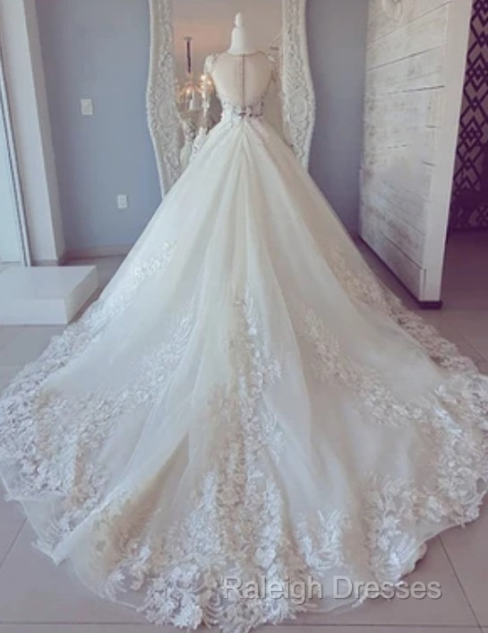 White Lace Long Sleeve Ball Gown Prom Dresses Wedding Dresses