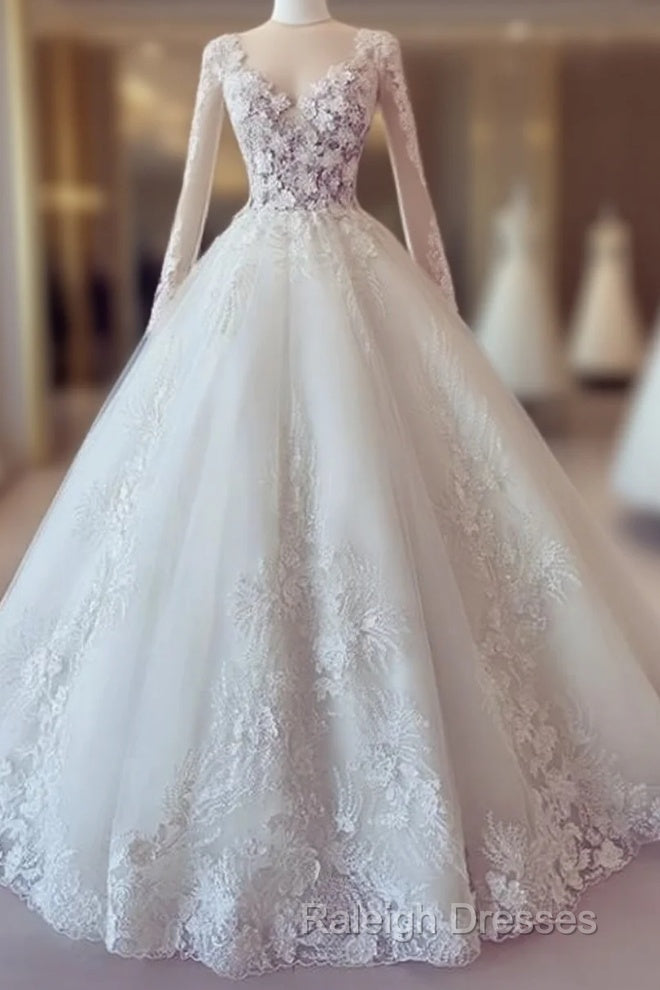 White Lace Long Sleeve Ball Gown Prom Dresses Wedding Dresses Main image