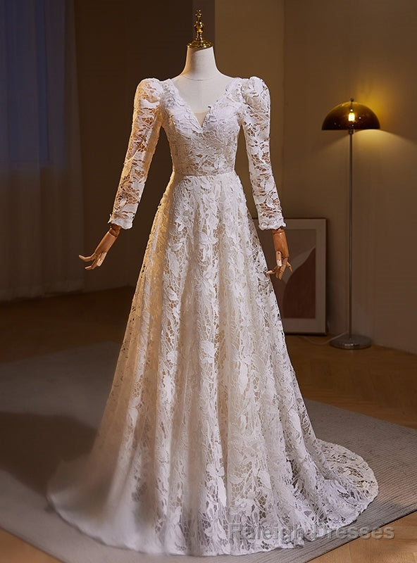 White Lace Long Sleeve V Neck Wedding Dress