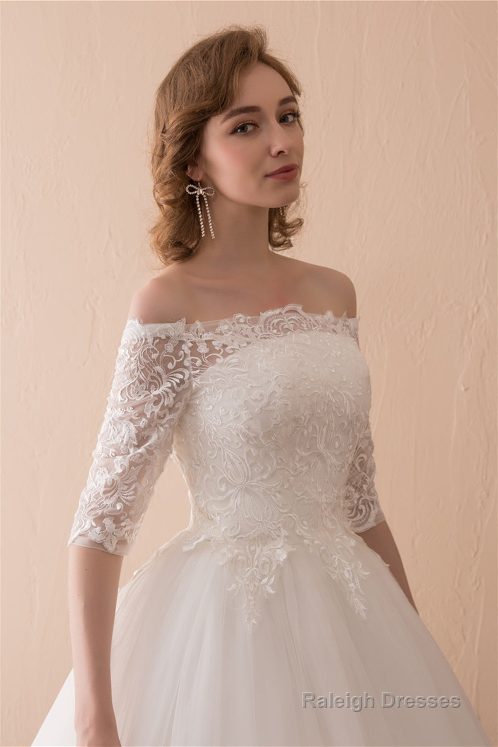 White Lace Long Sleeves Off Shoulder Strapless A Line Floor Length Wedding Dresses