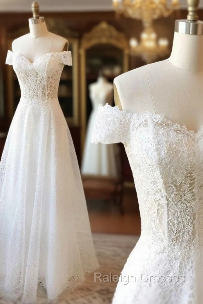 White Lace Off Shoulder Long Prom Dress White Lace Evening Dress