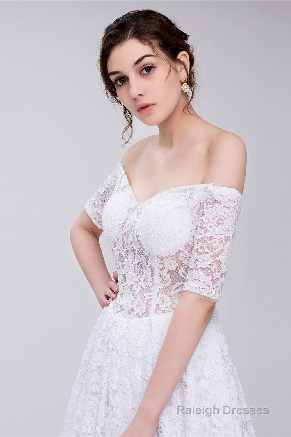 White Lace Off The Shoulder Short Sleeve Corset Wedding Dresses