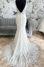 White Lace Open Back Mermaid Long Wedding Dresses Beautiful