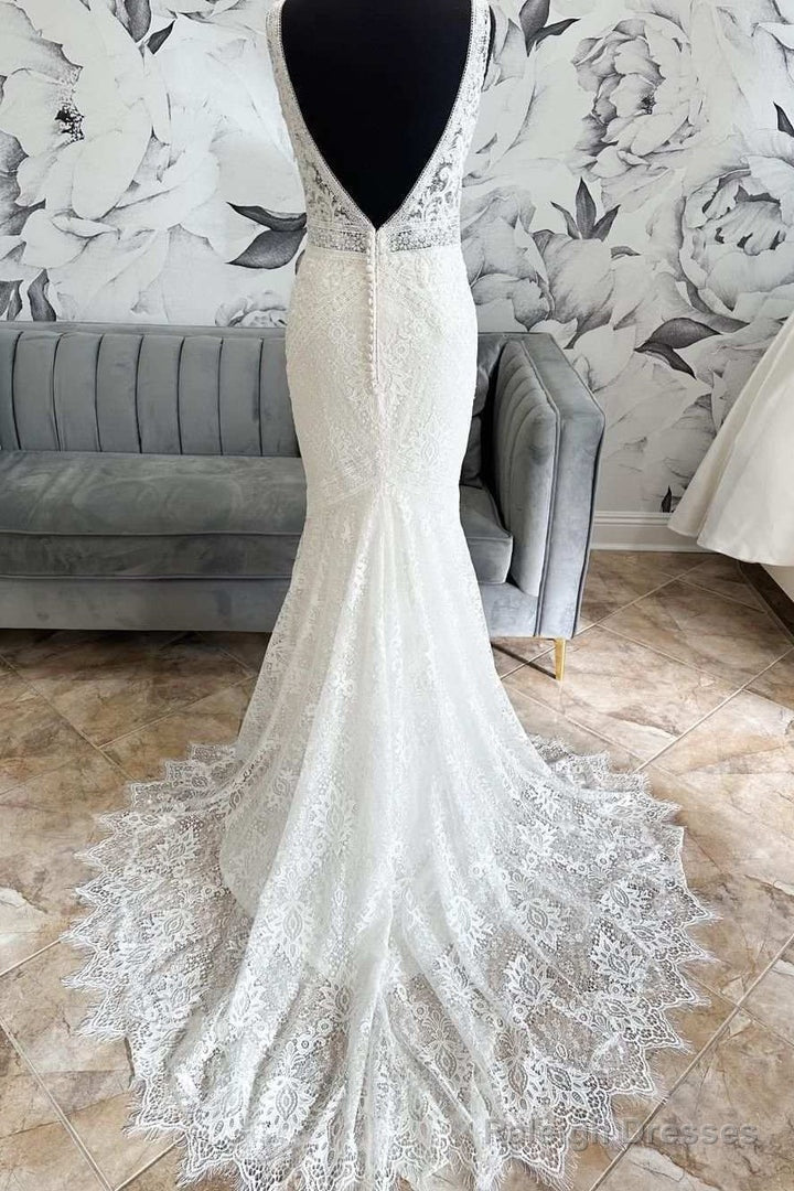 White Lace Open Back Mermaid Long Wedding Dresses Beautiful