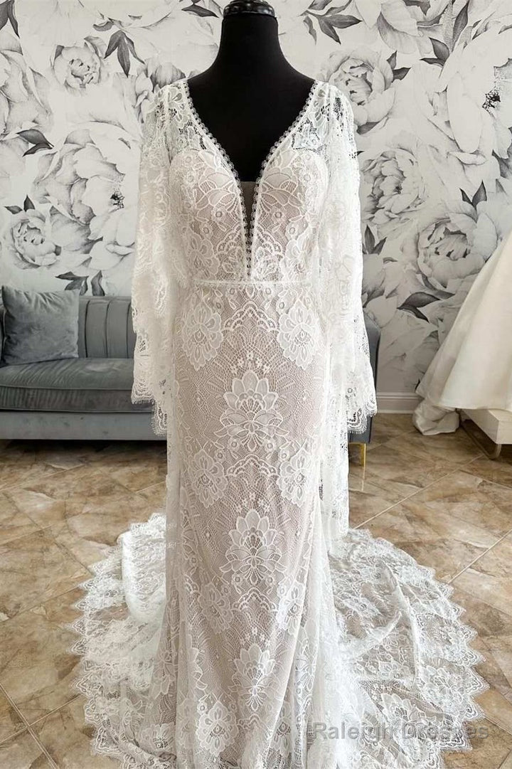 White Lace Plunge V Mermaid Long Wedding Dresses With Bell Sleeves Sexy Main image