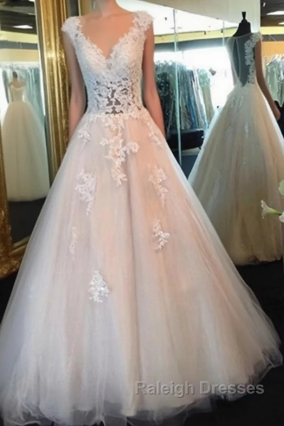 White Lace Prom Gown, A-Line Tulle See Through Prom Dresses, Formal Dresses Main image